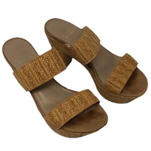 Stuart Weitzman Raffia Woven Block Heel Espadrilles Sandals Size 6.5 Tan